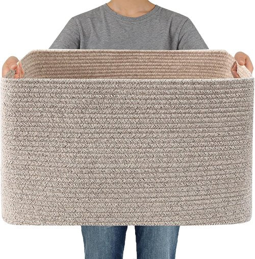 JMvicyroam Woven Blanket Basket - 65L Large Storage Bin for Toys, Clothes & Blankets | Oatmeal Color