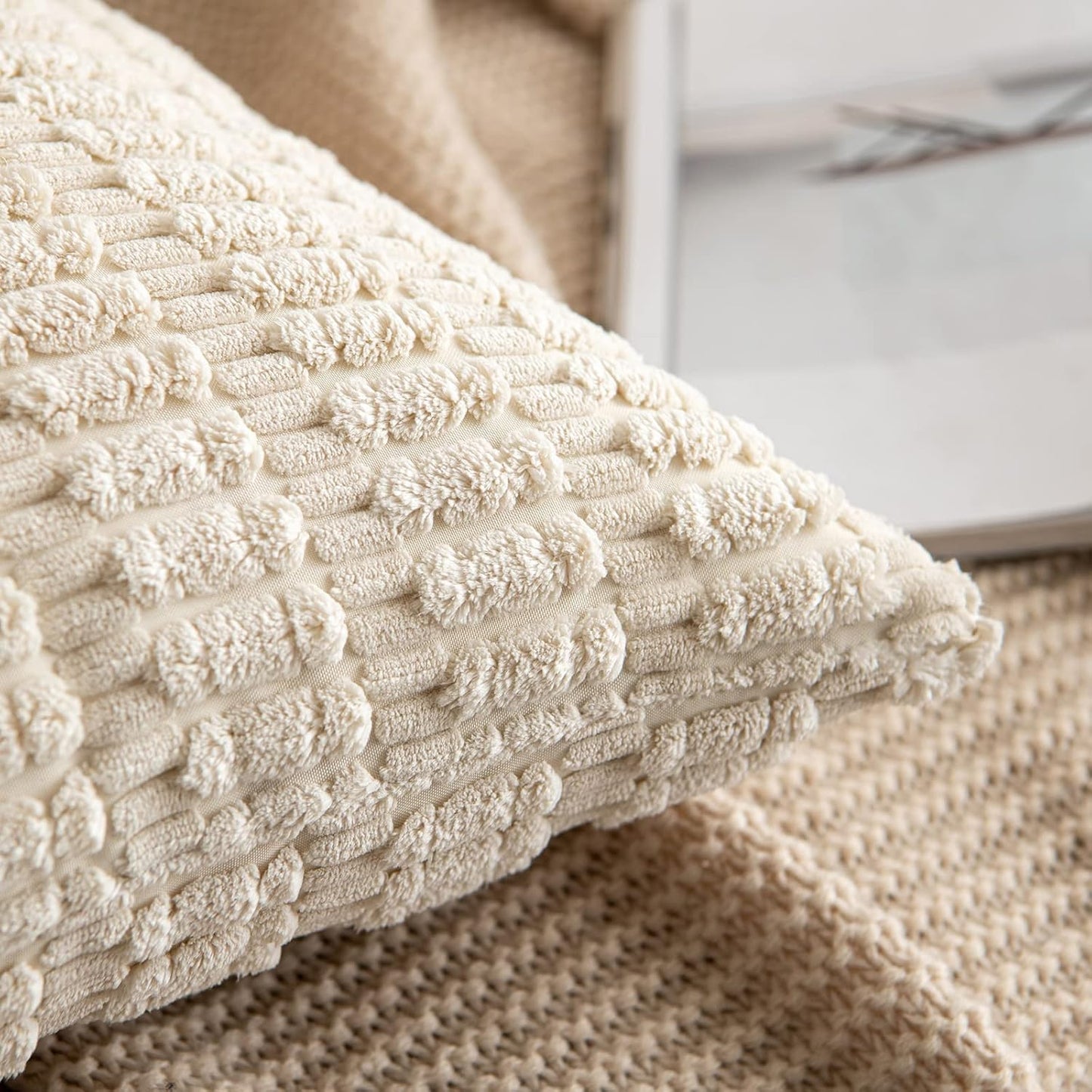 MIULEE Corduroy Throw Pillow Covers - Soft Boho Striped Design | 12x12 Inch Cream White for Modern Farmhouse Decor