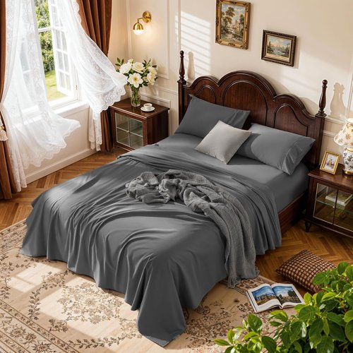 LBRO2M 100% Cotton Queen Size Sheet Set - 1000 Thread Count Deep Pocket Bedding in Dark Grey