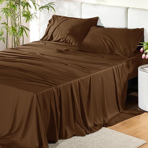 Bedsure Cooling Bed Sheets - Breathable Rayon from Bamboo, Deep Pocket up to 16 Inches, Luxurious Softness in Brown