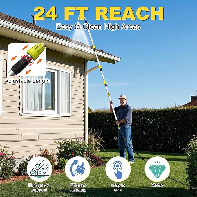 Buyplus 16FT(24FT Reach) Telescopic Gutter Cleaning Tools from The Ground, Rain Gutter Cleaners Tool with 360Â°Rotatable Metal Nozzle, Extension Pole, Hose Attachment, Watering Wand for Garden Hose