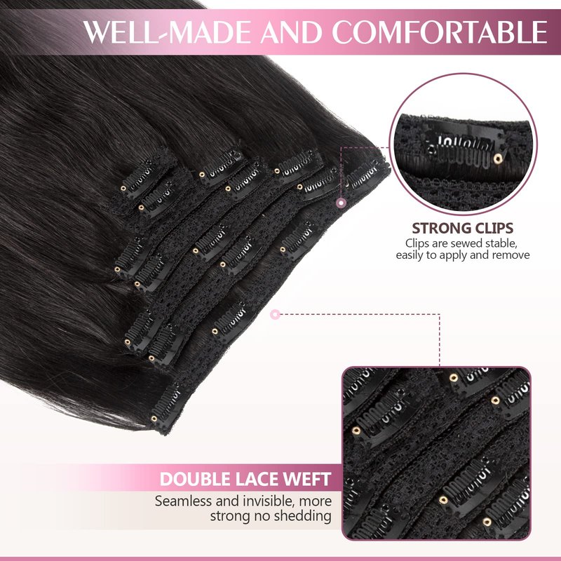 Fimislosion Real Hair Extensions Clip in Human Hair, Seamless Clip in Hair Extensions Real Human Hair, 14 Inch Clip ins extensions for women, Natural Black 120G 7Pcs