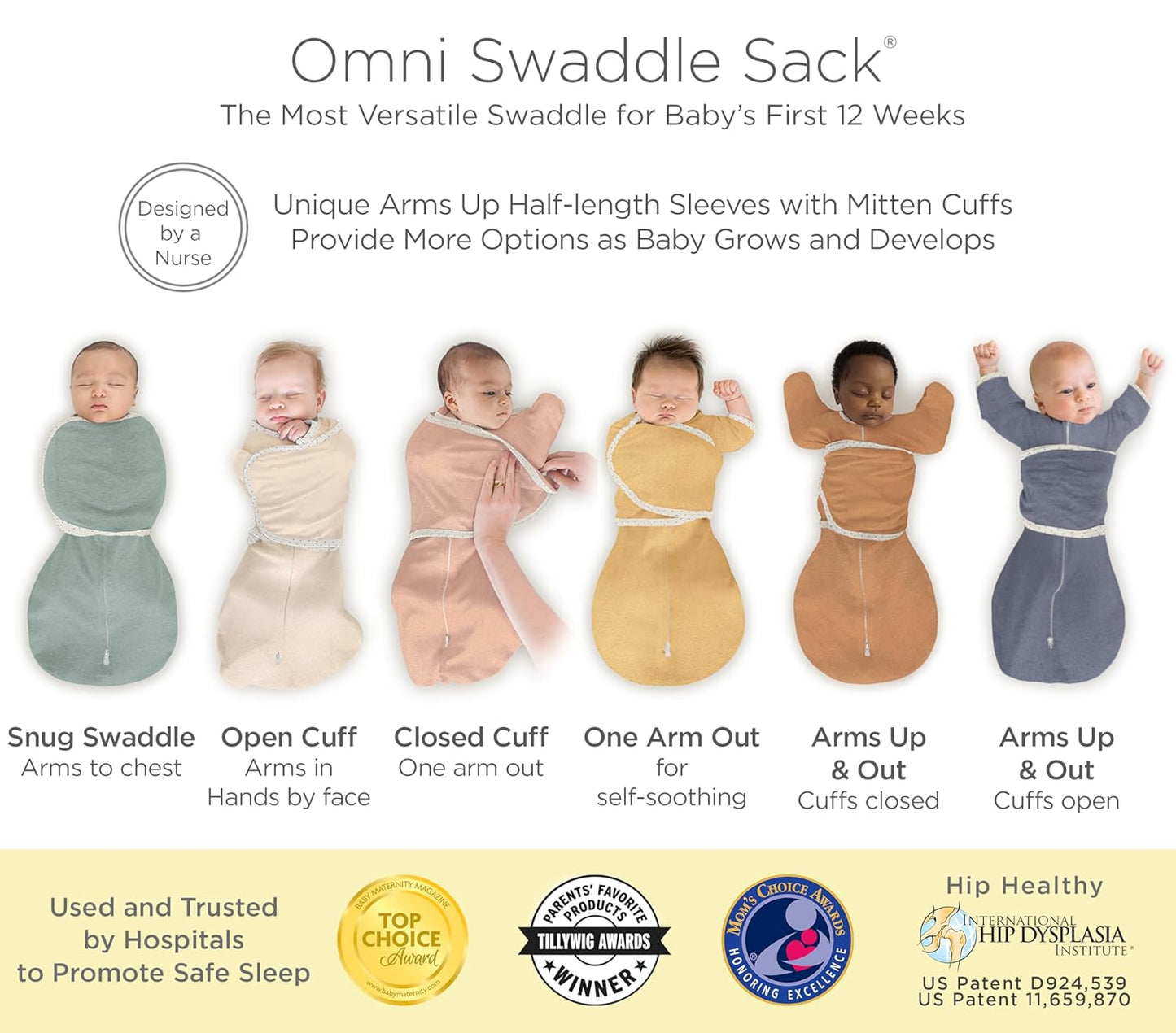 SwaddleDesigns 6-Way Omni Swaddle Sack - Arms Up Design for Newborns | Enhances Sleep, 12-18 lbs, Heathered Peach Blush