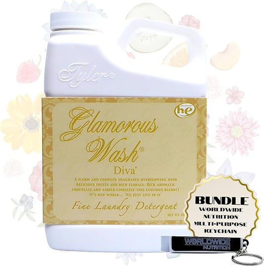 Worldwide Nutrition Bundle Compatible with Tyler Glamorous Wash Diva Laundry Liquid Detergent - Hand and Machine Washable Diva Laundry Detergent - 16 oz, 454-grams Detergent with Keychain