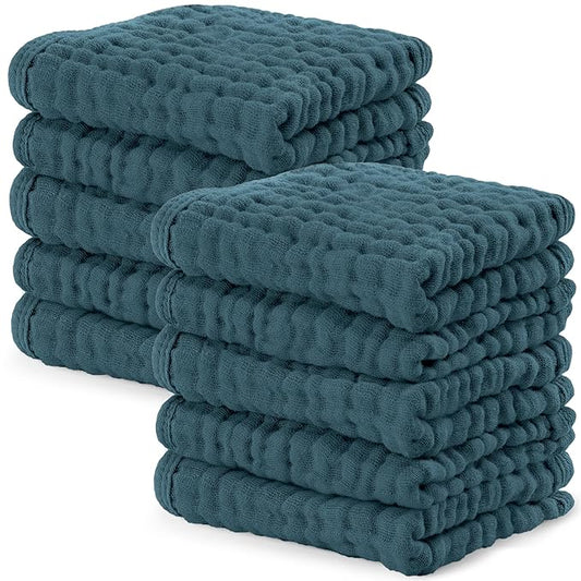 Comfy Cubs Muslin Baby Washcloths 10 Pack - Soft 6-Layer Cotton Wash Cloths for Sensitive Skin - 10"x10" Large, Gentle, Absorbent Infant Essentials for Newborn and Toddlers - Neptune