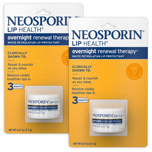 Neosporin Lip Health Overnight Renewal Therapy White Petrolatum Protectant and Moisturizer to Nourish & Repair Dryness, Helps Relieve, Prevent, Hydrate, & Protect, 0.27 oz, 2 Pack