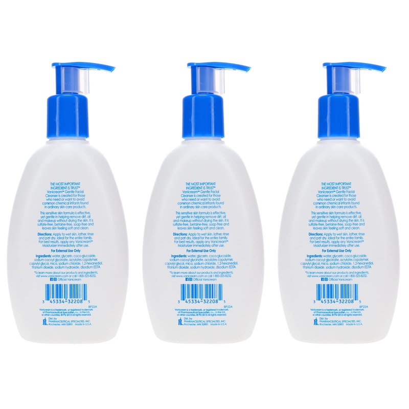Vanicream Gentle Facial Cleanser for Sensitive Skin, 8 Oz (Pack of 3), Unscented, 24 Fl Oz