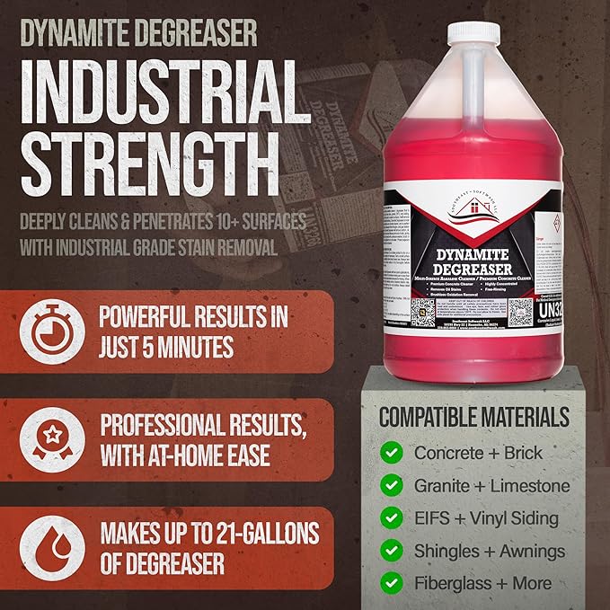 Dynamite Degreaser by Southeast Softwash | Heavy Duty Degreaser Cleaner for Oil and Grease | Driveway Cleaner for Concrete, Dumpster Pads, Gas Stations and Commercial Surfaces | 4 Gallons