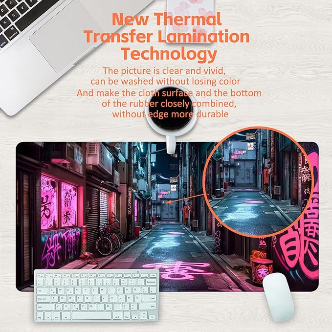 KOAIWPAE Desk Pad, Anime City Street Scene Desk Mat, Pink Neon Street Large Gaming Mouse Pad for Desk, 31.5"x15.7" Extended Big Computer Keyboard Mouse Pad with Non-Slip Base and Stitched Edge