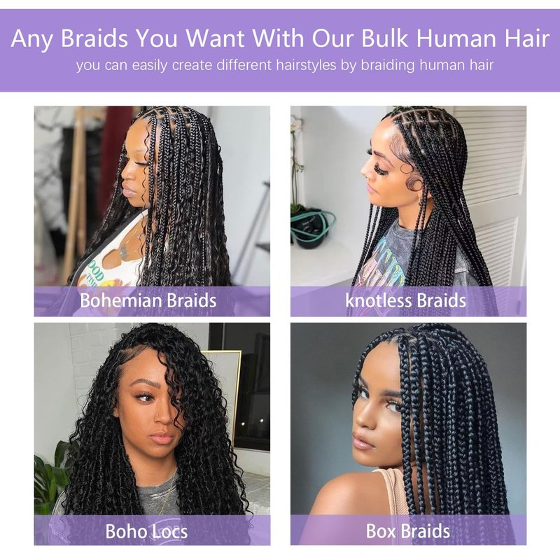 Human Braiding Hair for Boho Braids Human 130g Curly Boho Hair for Braiding Knotless 12A Deep Wave Bulk Bohemian 3 Bundles/Pack (1B-Natural Black, 16Inch)