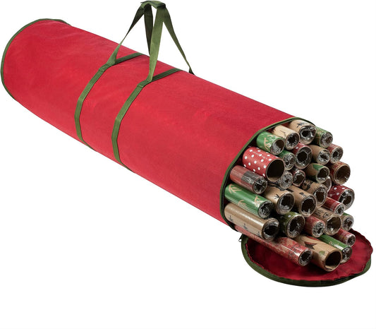 ZOBER Gift Wrap Storage Organizer - 40 Inch Waterproof Holder for 25 Rolls - Red Christmas Design