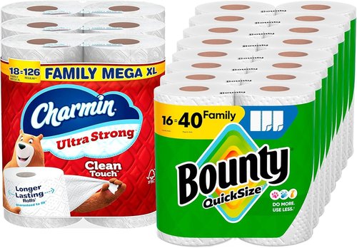Bounty Quick-Size Paper Towels - Ultra Absorbent White Rolls | 16 Family Rolls  
Charmin Ultra Strong Clean Touch Toilet Paper - Soft & Durable | 18 Mega XL Rolls