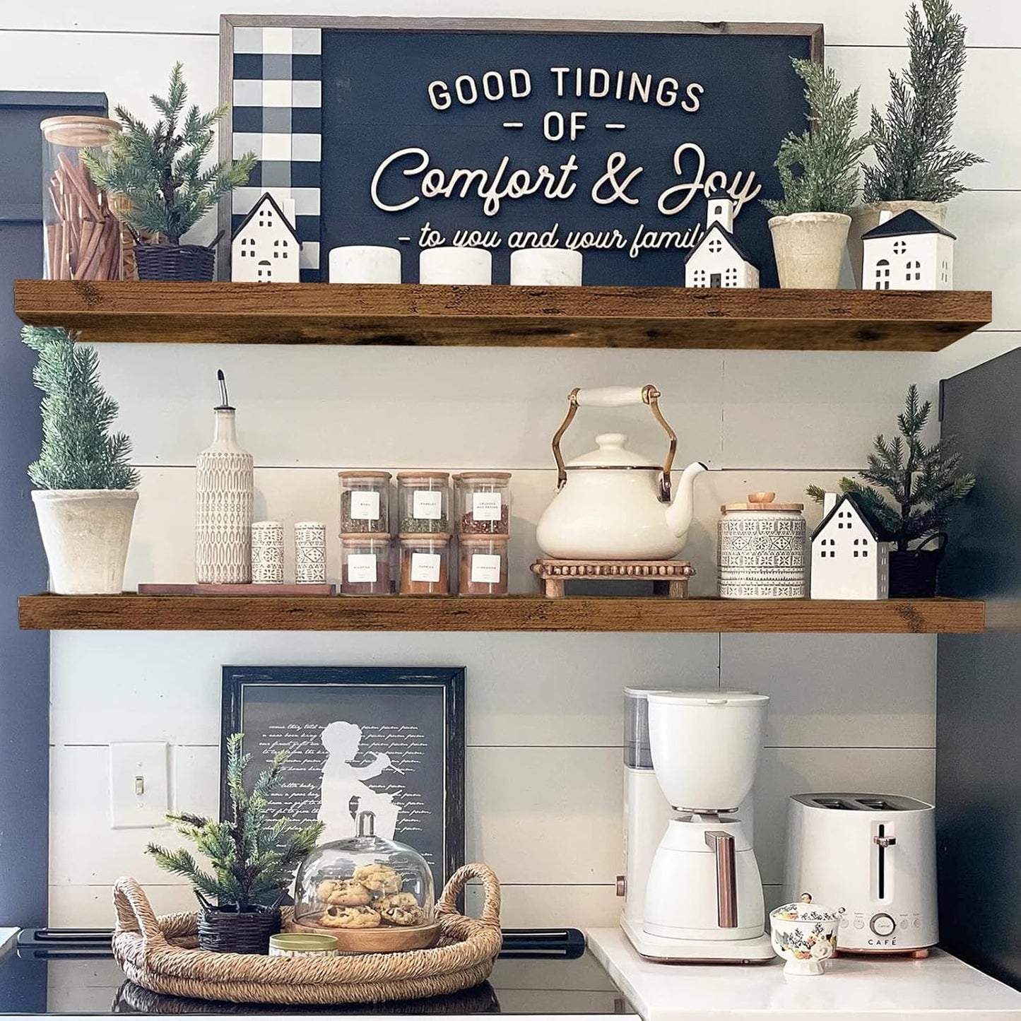 QEEIG Floating Wall Shelves - Extra Long Rustic Brown Set of 2 | 47.2" x 9.3" for Home Decor & Display