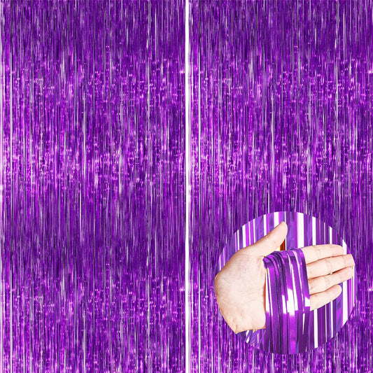 PartyWoo Purple Foil Fringe Curtain Backdrop - 2 Pack 3.3x6.6 Ft Metallic Streamers for Parties