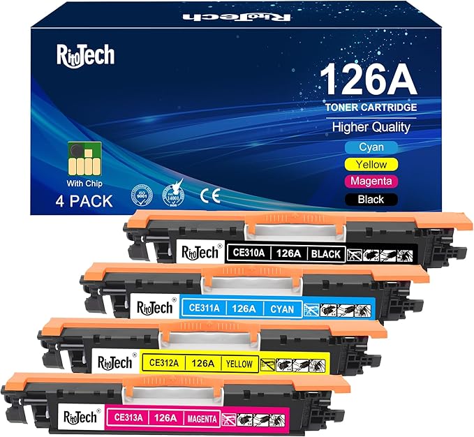 RitoTech 126A Toner Cartridge (with OEM CHIP),Replacement for HP 126 A CE310A CE311A CE312A CE313A for LaserJet Pro 100 Color MFP CP1025nw M175nw,M275 M275NW Printer, 4 Pack Black Cyan Magenta Yellow