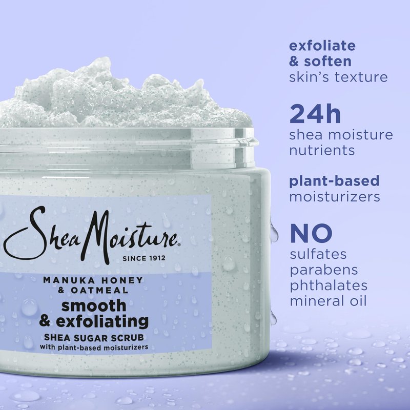 SheaMoisture Shea Sugar Body Scrub Manuka Honey Oatmeal for smooth & exfoliating Smooth and Exfoliating Body scrub with 24h shea moisture nutrients 12 oz