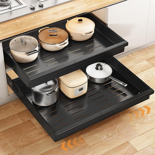 Pull out Cabinet Organizer, 1-Pack Expandable(13.6"-24") Silde out Drawers with Raising Pad for Framed Cabinets, Adjustable Full-Extension Adhesive Roll out Shelves for Kitchen Pantry Home Pot and Pan