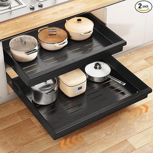 Pull out Cabinet Organizer, 2-Pack Expandable(13.6"-24") Silde out Drawers with Raising Pad for Framed Cabinets, Adjustable Full-Extension Adhesive Roll out Shelves for Kitchen Pantry Home Pot and Pan