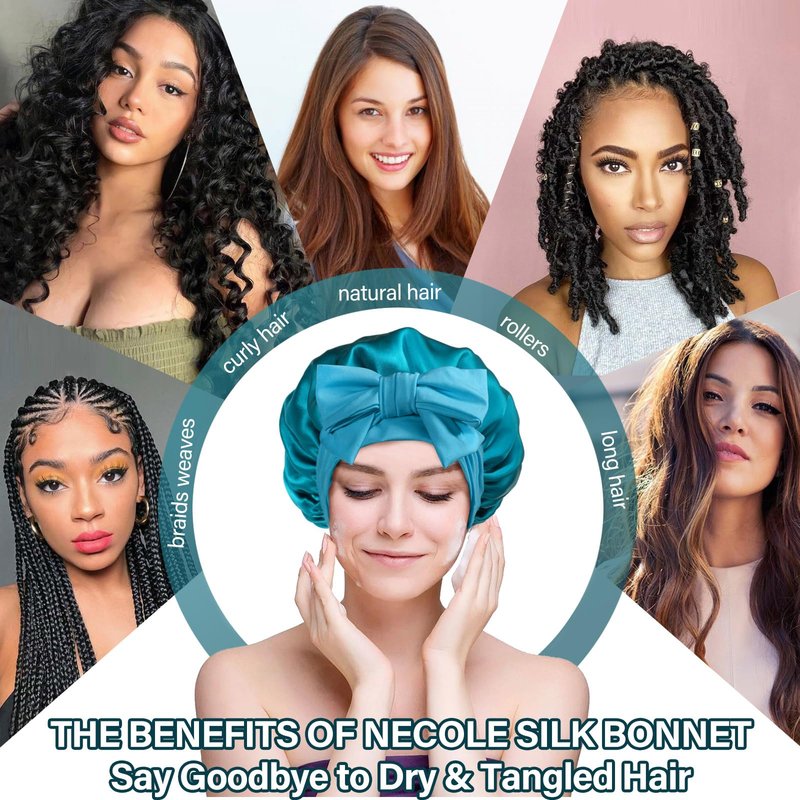Necole Silk Bonnet for Women 100% Mulberry Silk Sleep Cap 22 Momme Double Layer Hair Wrap for Curly Short Long Hair, Non-Slip Turban with Elastic Tie, Blue