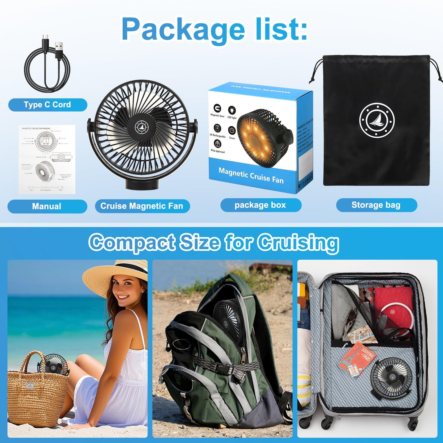 Fanopera Magnetic Cruise Fan with 12000mAh Battery - Portable Cabin Air Circulator, 3-Speed LED Desk Fan with Timer, Power Bank & Ceiling/Wall Mount, Cruise Ship Approved for Travel (Black)