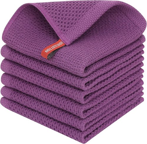 Homaxy 100% Cotton Waffle Weave Dish Cloths - Ultra Soft & Absorbent Kitchen Towels | 12x12 Inches, 6-Pack, Purple