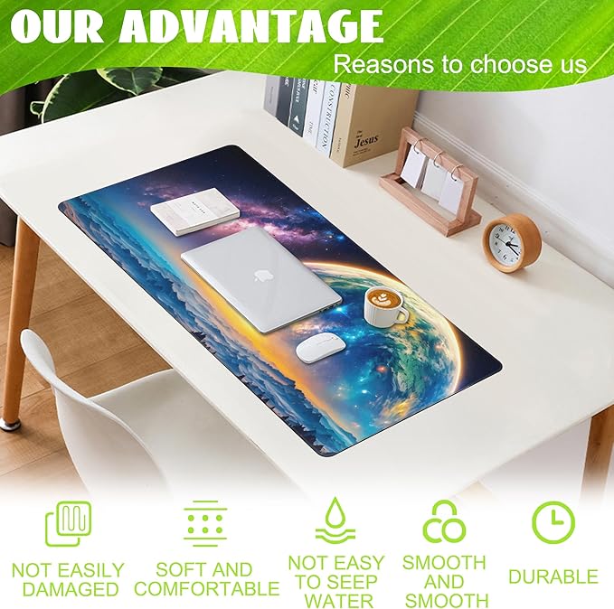 Eflxamz Desk Mat,Galaxy Earth Planet Desk Pad,Science Fiction Cosmic Large Gaming Mouse Pad for Desk,Extended Big Computer Keyboard Mouse Pad with Non-Slip Base and Stitched Edge,35.4"x15.7"