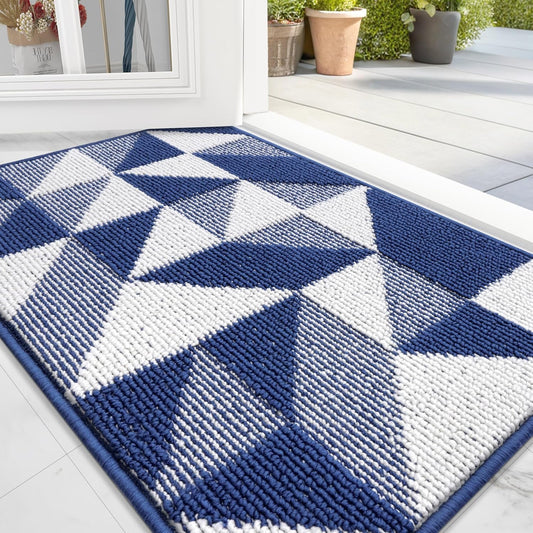 OLANLY Indoor Door Mat - Washable, Odor-Free, Low-Profile Geometric Design | 32x20 Navy Entry Carpet