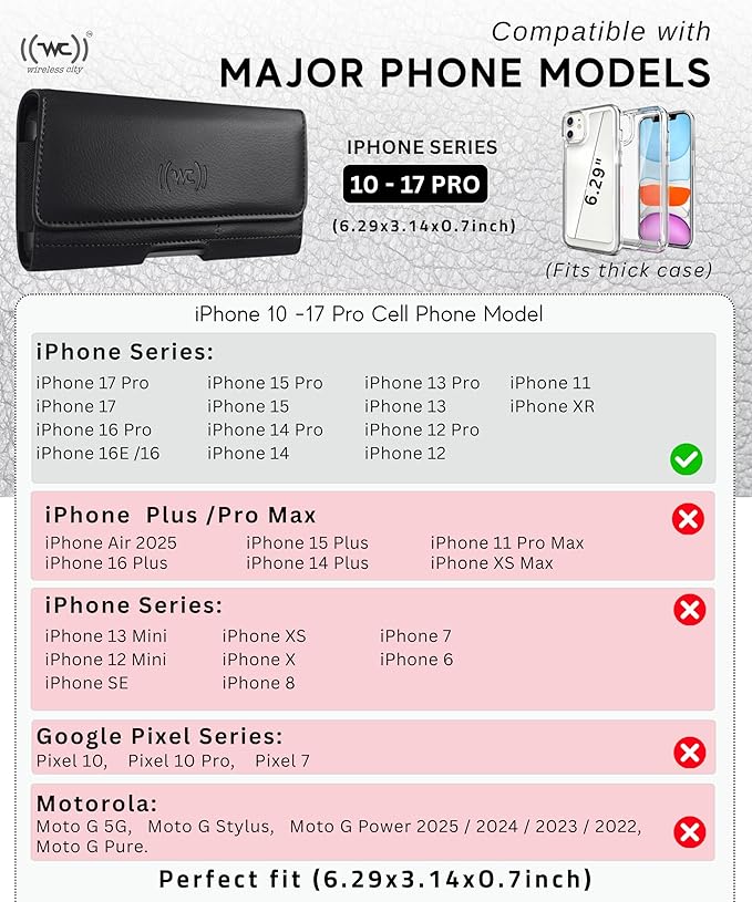 Wireless City Leather Phone Holster for iPhone 17/17 Pro, 16/16 Pro/16e, 15/15 Pro, 14/14 Pro, 13/13 Pro, 12/12 Pro, 11, XR Horizontal Belt Clip Phone Pouch Card Holder Magnetic Closure Phone Case