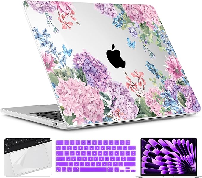 TWOLSKOO for MacBook Air 15 inch Case 2026 2025 2024 2023 Release M5 A3448 M4 A3241 M3 A3114 M2 A2941, Plastic Hard Shell & Screen Protector & Keyboard Cover & Trackpad Film, Colorful Hydrangea