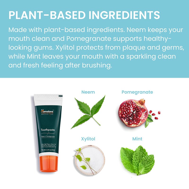 Himalaya Botanique Neem & Pomegranate Travel Toothpaste, Mint Flavor - Travel Size Fluoride Free Toothpaste Fights Plaque & for Fresh Breath - Vegan, Gluten Free, No SLS, 0.74 oz (Pack of 20)