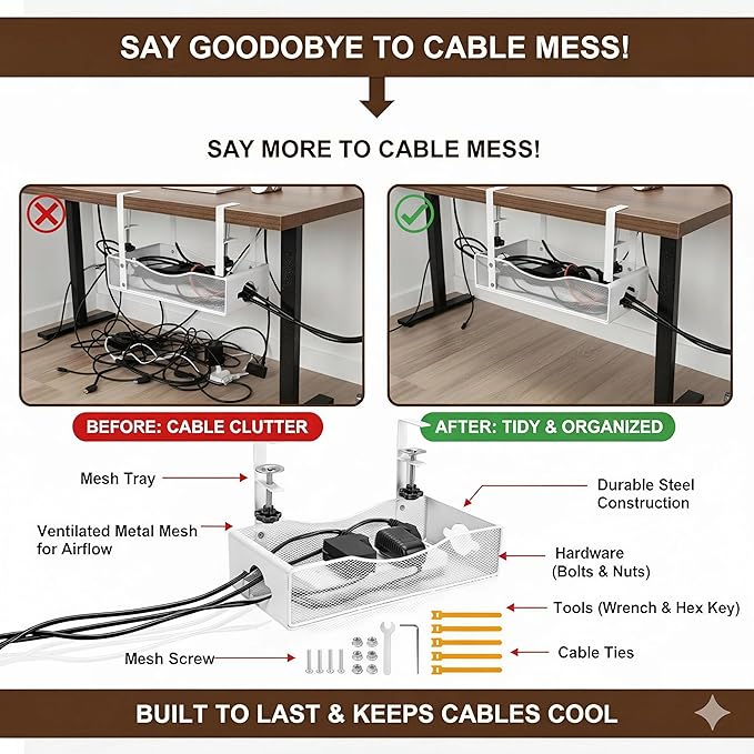Extra Wide Under Desk Cable Management - 7inch No Drill Installation Cable Management Tray, Clamp/Screw Mount Desk Cable Management, Cable Management Tray for Office, Home((White, XL)