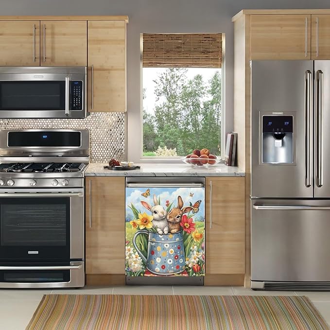 Easter Bunny Dishwasher Magnet Decoration Cover Kitchen, Two Rabbits Vinyl Magnetic Dishwasher Sticker, 23 x 26 in Spring Colorful Flowers Home Magnet Fridge Cover