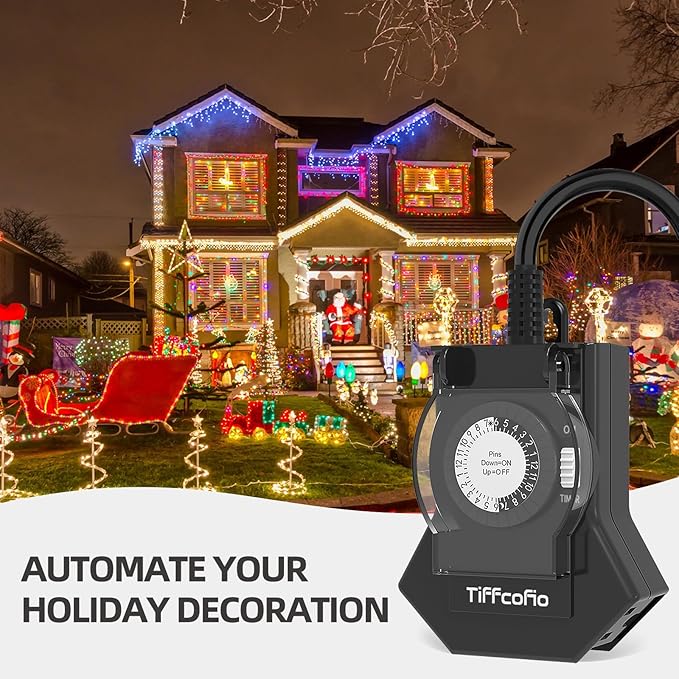 TiFFCOFiO Outdoor Timer Outlet Waterproof, 24 Hour Mechanical Light Timer Outdoor, 3 Grounded Outlets for Home and Garden, 15A 1/2HP, Heavy Duty, ETL Listed (1 Pack)