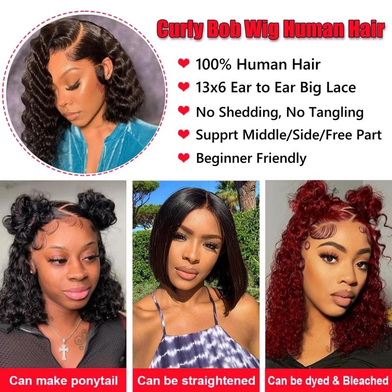 Nakkia Bob Wig Human Hair 13x6 Deep Wave Lace Front Wigs 13x6 Lace Frontal 180% Density Curly Bob Wig Human Hair Pre Plucked for Women Natural Black 8 Inch