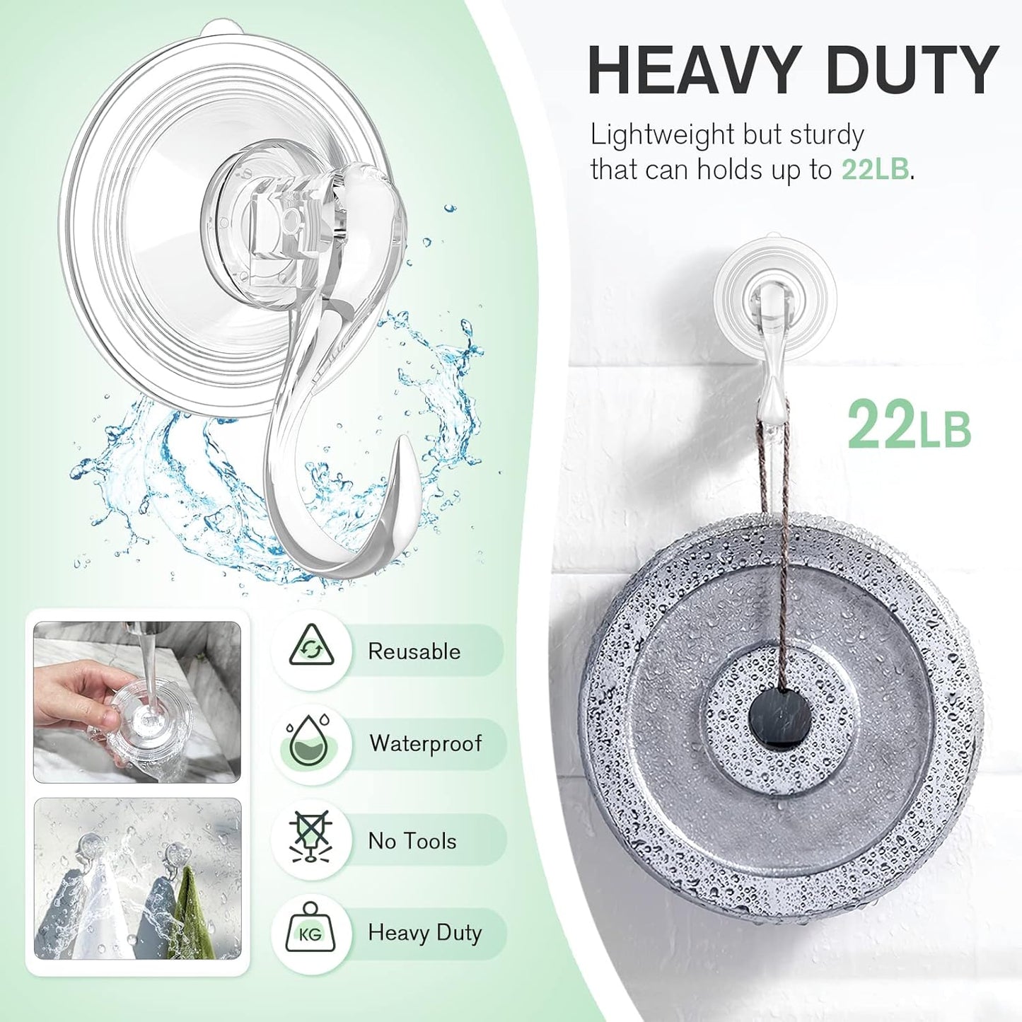 VIS'V Large Suction Cup Hooks - 2 Pcs Durable Hold with 10 Pcs Metal Hooks for Versatile Use