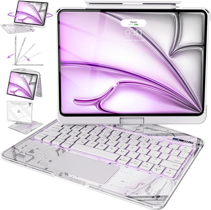 Intermerge Transparent Case with Keyboard for iPad Air 13"(M4/ M3/ M2, 2026/2025/ 2024) & Pro 12.9" (2022-2018) - 360° Swivel Multi-Touch Trackpad, 7-Color Backlit, Pencil Holder, Frost Pulse
