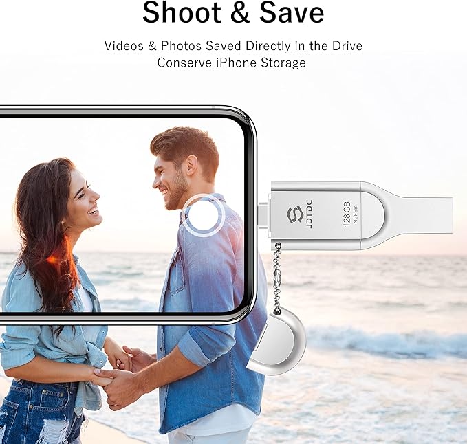 Genuine Apple MFi Certified 3 in 1 iPhone Flash Drive 128GB - Real Capacity Storage - Secure Encrypted Auto Backup Photo Stick for iPhone/iPad/Android/PC External Storage Easily Store & Transfer Files