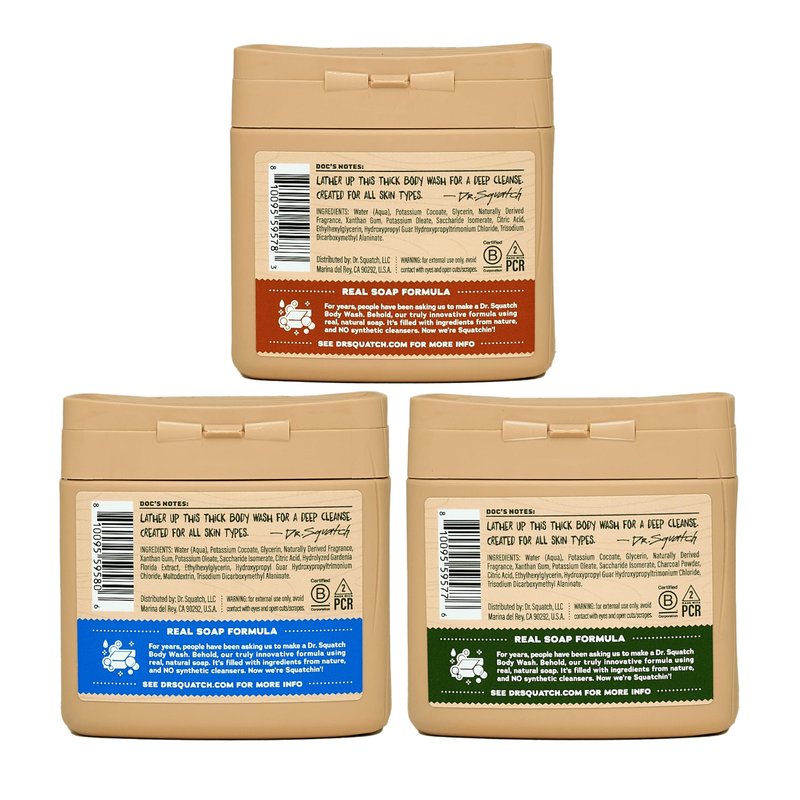 Dr. Squatch NEW Body Wash for Men with Nourishing, Natural Ingredients | No Paraben, Phthalate, Sulfate | All Day Moisturization | Pine Tar, Wood Barrel Bourbon & Fresh Falls (8 oz, 3-Pack)