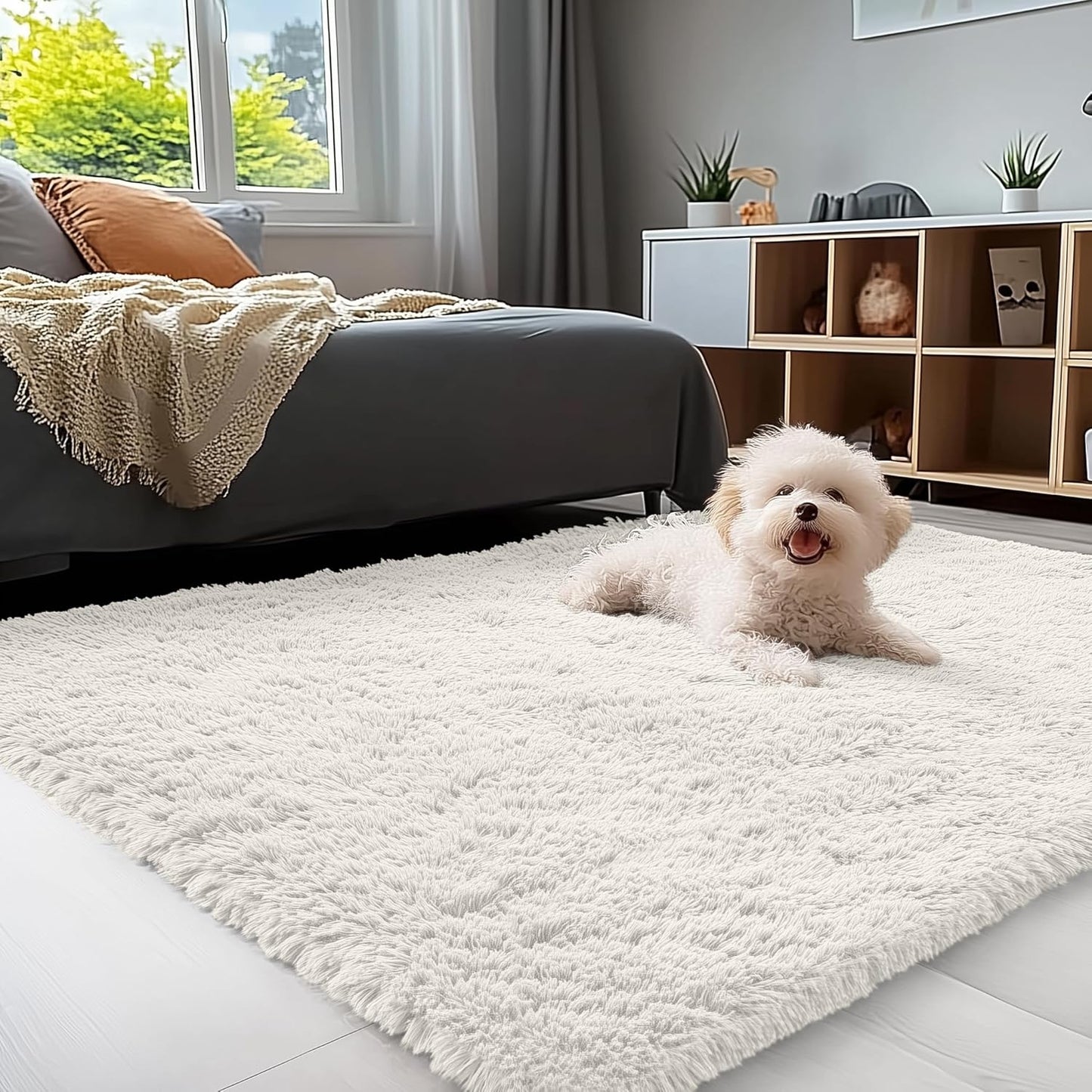 OLANLY Accent Rug - Soft Fluffy Shaggy Area Rug for Bedroom & Living Room | 4x5 ft, Ivory