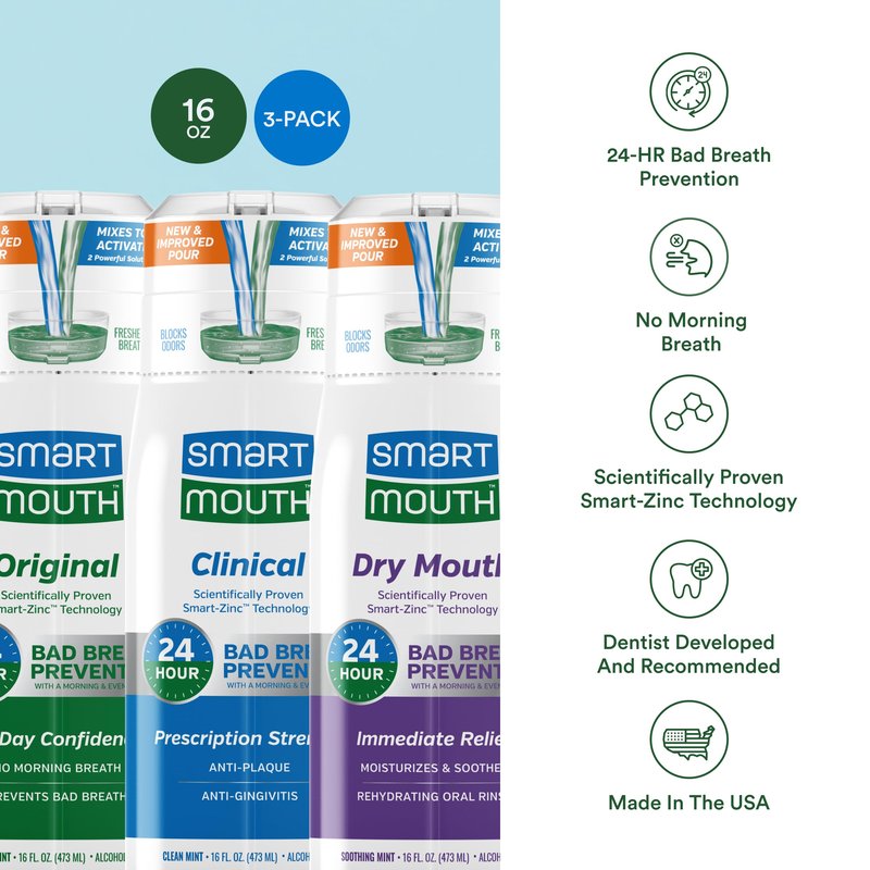 SmartMouth Original, Clinical & Dry Mouth Zinc Activated Mouthwash Bundle - Instant Fresh Breath, Healthy Gum Support & Dry Mouth Relief - Sugar, Gluten & Alcohol-Free - Mint - 16 fl oz Each