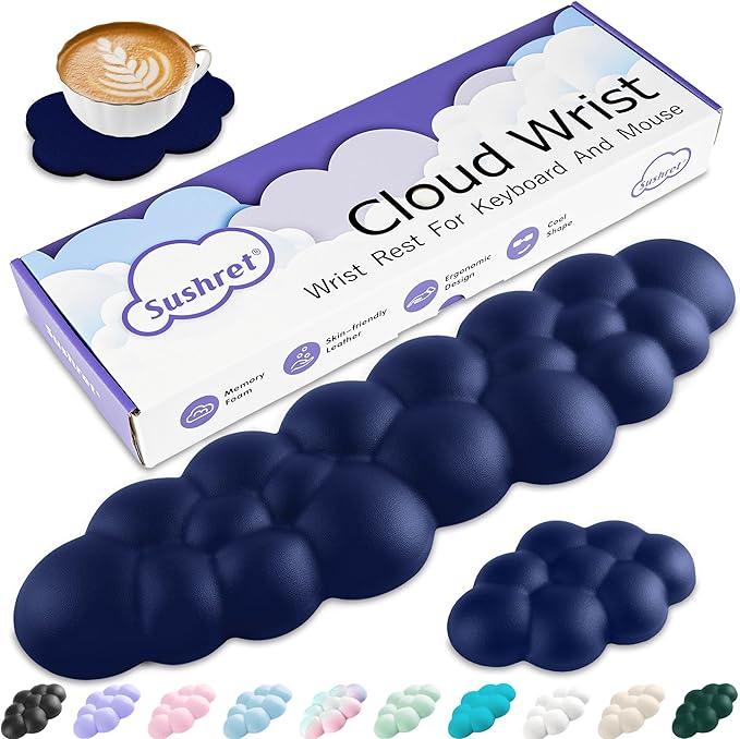Sushret Cloud Wrist Rest Keyboard, Cloud Keyboard Wrist Pad Set with PU Leather Memory Foam, Cute Arm Rest for Palm Support, PC/Gaming Desk Accessories/Office Setup/Computer Hand Cushion - Dark Blue
