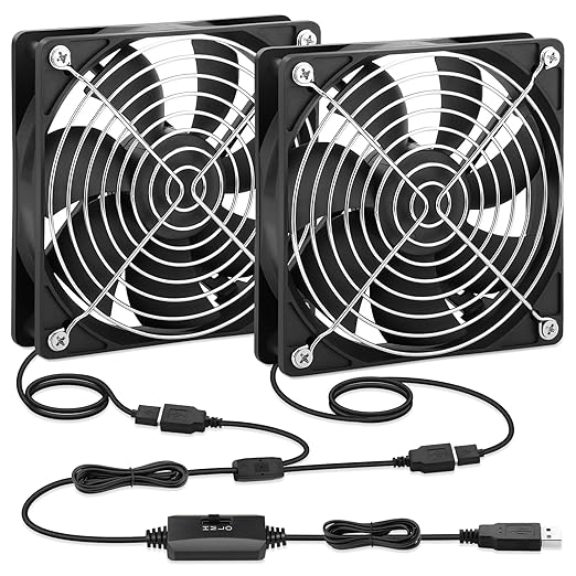 AmRunJe USB Cooling Fan 120mm 2 Packs, 5V Brushless Quiet Fan with Speed Controller for PC Computer PlayStation Xbox Router Receiver DVR AV Cabinet Projector