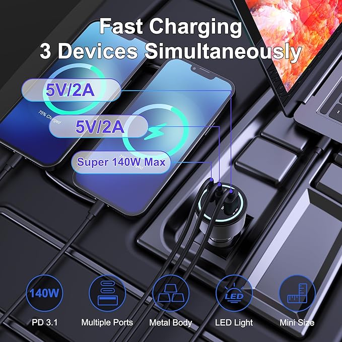 Ubigbuy 205W USB C Car Charger - 3-Ports, PD3.1 140W
