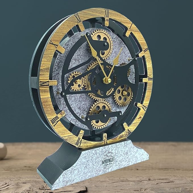 ImprovingLife Desk Clock 10 inches with Real Moving Gears Convertible into Wall Clock (Brown and Grey)