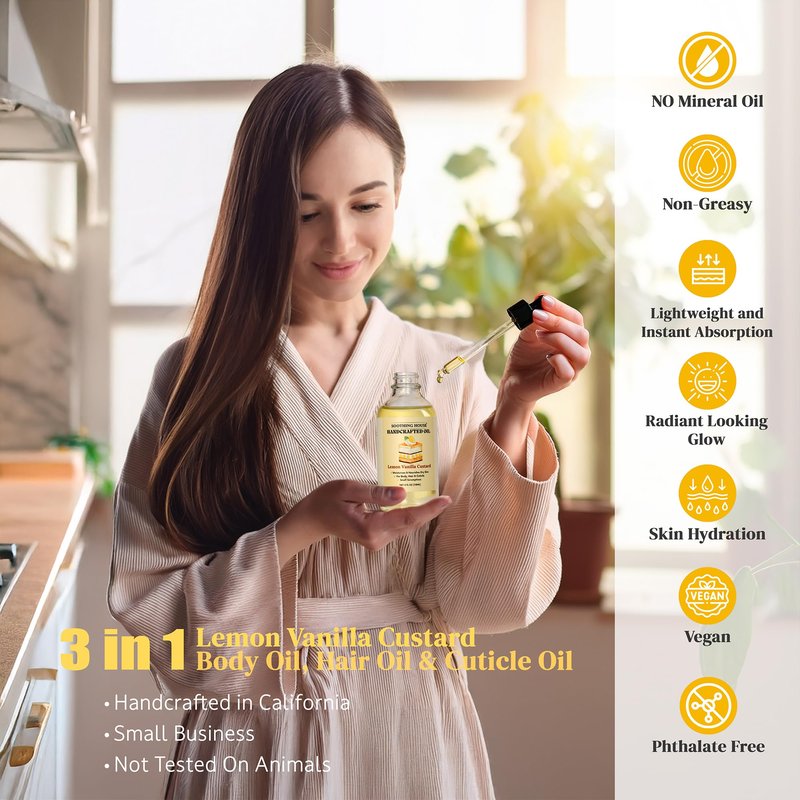 Soothing House Lemon Vanilla Custard Oil with All-Natural Moisturizing Body Oil for Soft, Glowing Skin with Almond & Jojoba Oil (4 fl oz)