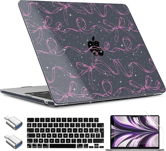TWOLSKOO for MacBook Air 15 inch Case 2026 2025 2024 2023 Release M5 A3448 M4 A3241 M3 A3114 M2 A2941, Plastic Hard Shell & Screen Protector & Keyboard Cover & Type C Adapter, Sparkly Bows