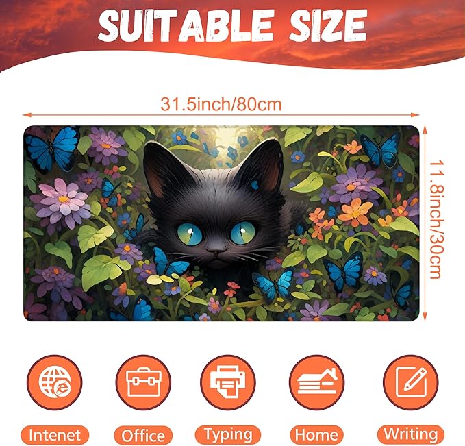 KOAIWPAE Desk Pad, Cute Black Cat Desk Mat, Cat Among Butterfly Flowers Large Gaming Mouse Pad for Desk, 31.5"x15.7" Extended Big Computer Keyboard Mouse Pad with Non-Slip Base and Stitched Edge
