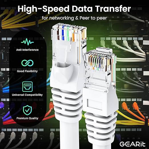 GEARit Cat 6 Ethernet Patch Cable 25 ft White (10 Pack) Cat6 Patch Cables 25ft White/Ethernet Patch Cable, 10Gbps 550MHz 24AWG Pure Copper, Snagless, Gold Plated RJ45 for Router, Server, Router, PC