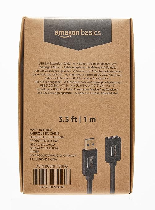 Amazon Basics USB 3.0 Extension Cable, A-Male to A-Female, 4.8Gbps High-Speed, Gold-Plated Connectors, 3.3 Foot, Black