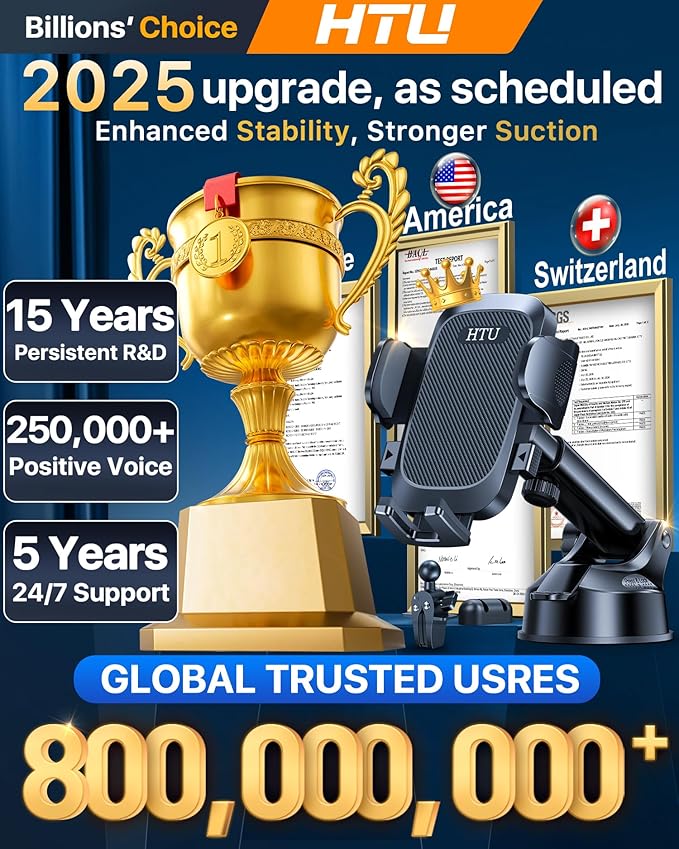 HTU Car Phone Holder【2026 Upgraded 100+LBS Suction & Safety Cert】 Cell Phone Car Mount for Truck Heavy Duty Phone Holder for Dashboard/Windshield/Vent for iPhone 17 16 Pro Max, Dark Black